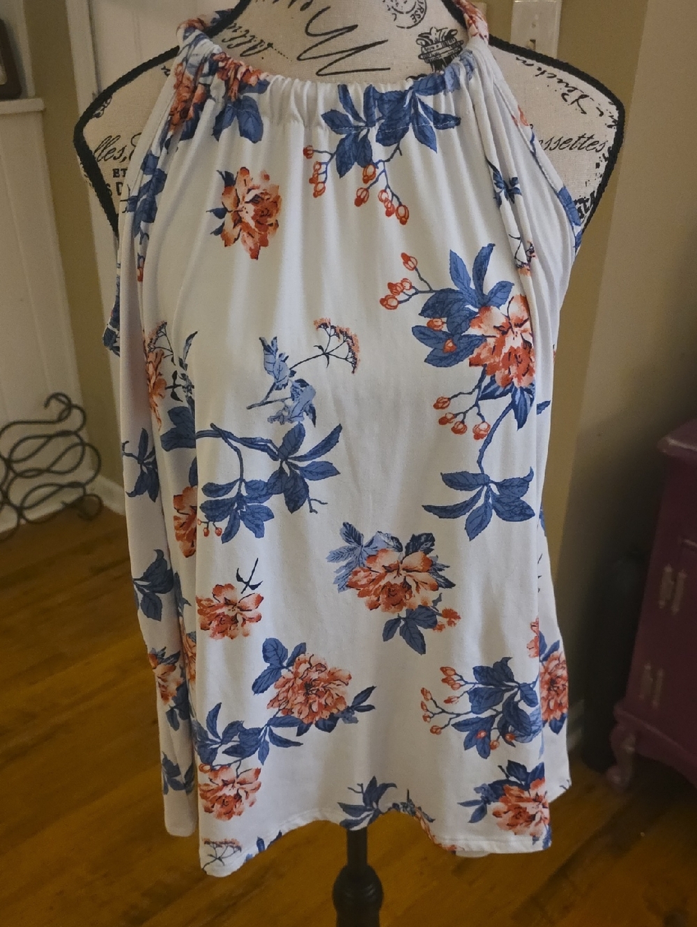 Pomelo White Halter Tank Top with Blue and Coral Floral Print